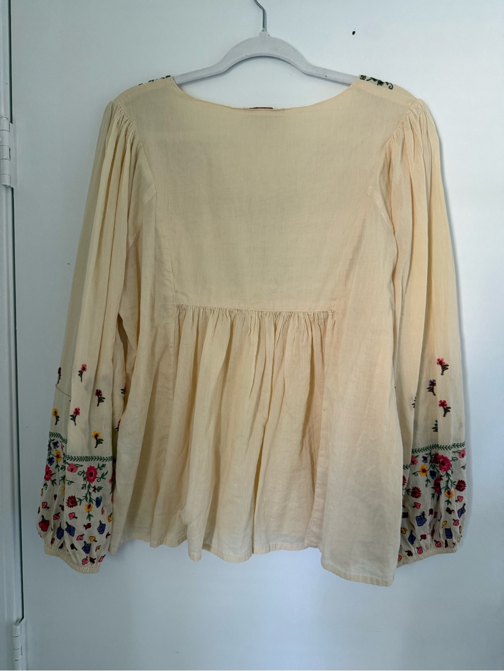 Embroidered V-Neck Boho Peasant Top - Cream - Picture 2 of 3